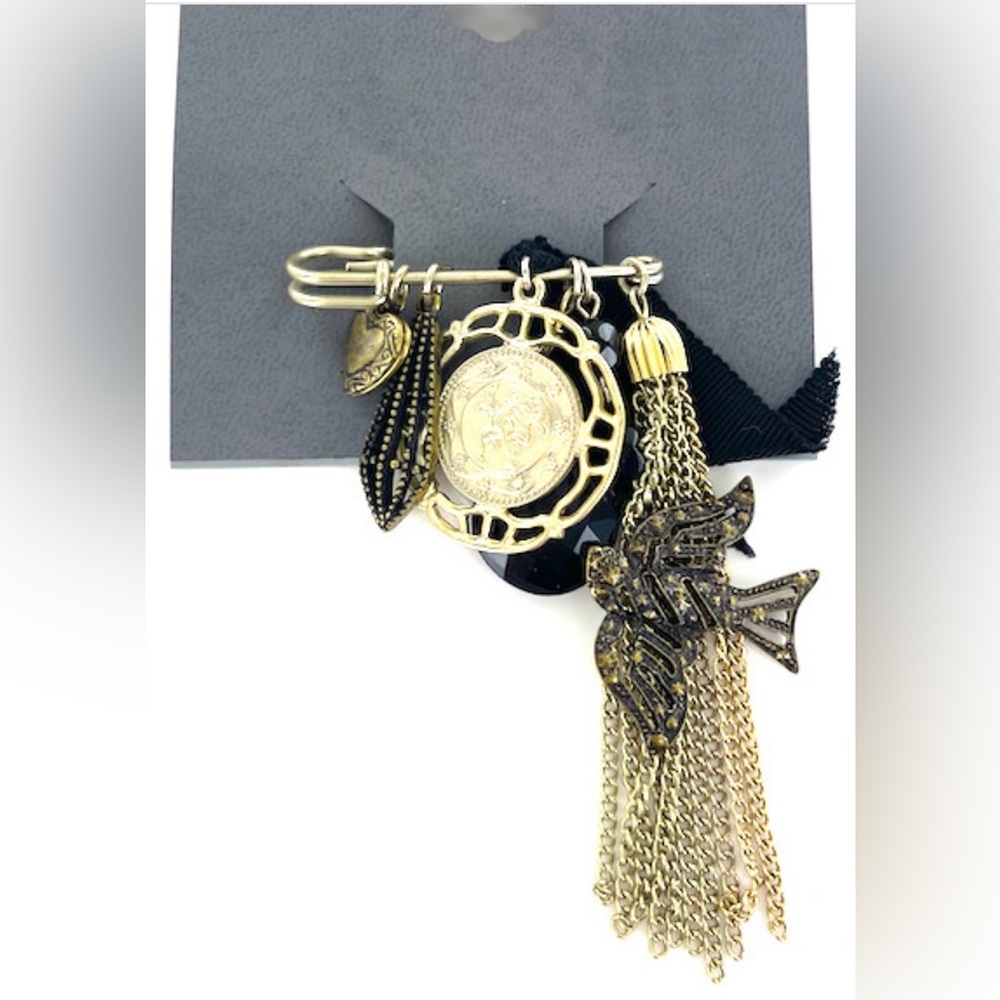 Express Two Tone Charm Safety Pin Brooch Tassel Statement NWOT